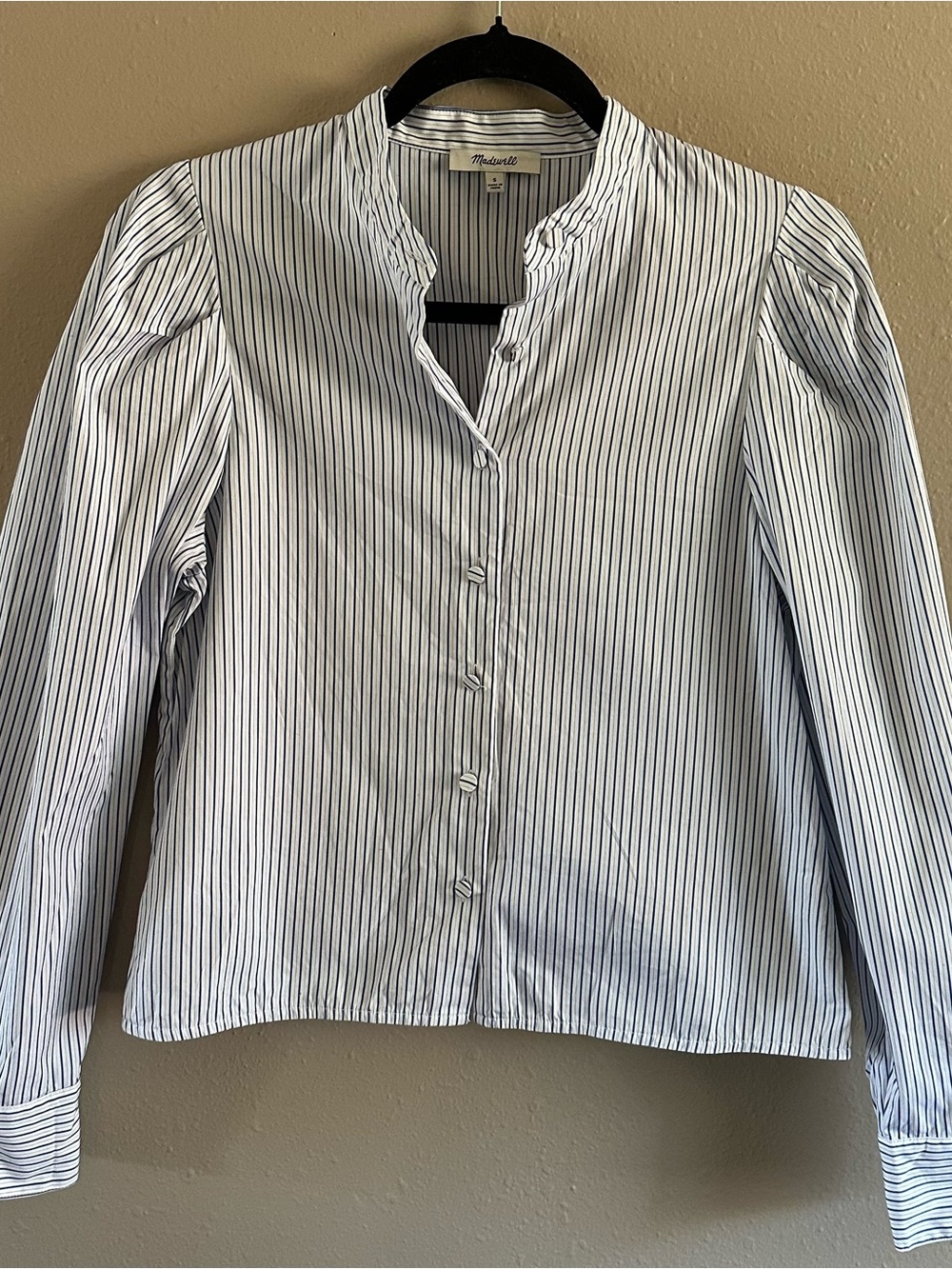 Madewell White Shirt with Navy Pinstripes Button-Front